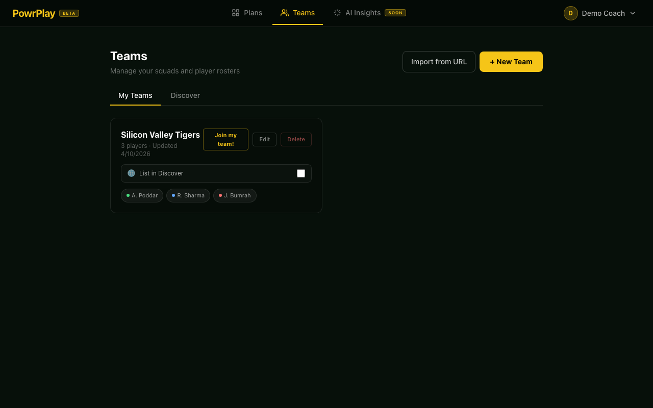 Teams list view with squads and player rosters